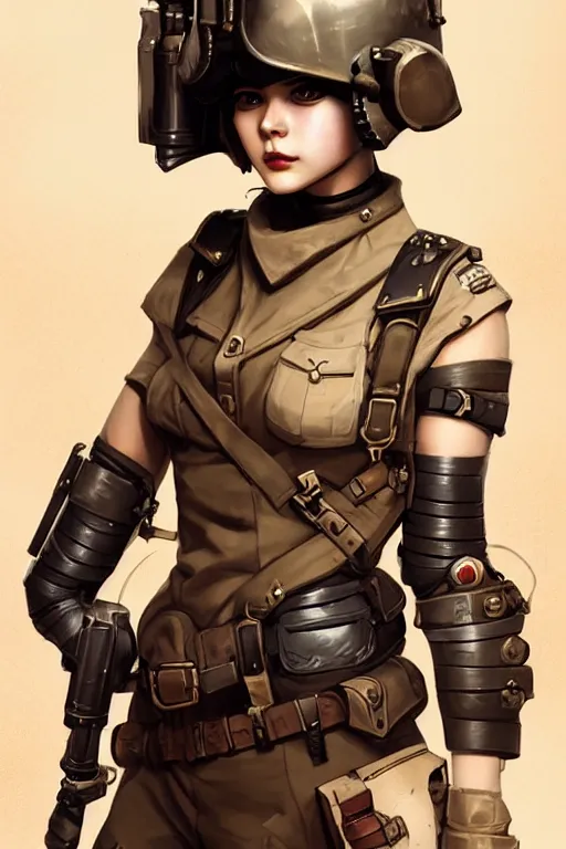 Prompt: dieselpunk soldier girl, helmet, shoulders, chest, portrait, desert, armored, highly detailed, sharp focus, art, illustrations by rossdraws and ayanamikodon and wlop and irakli nadar and loish