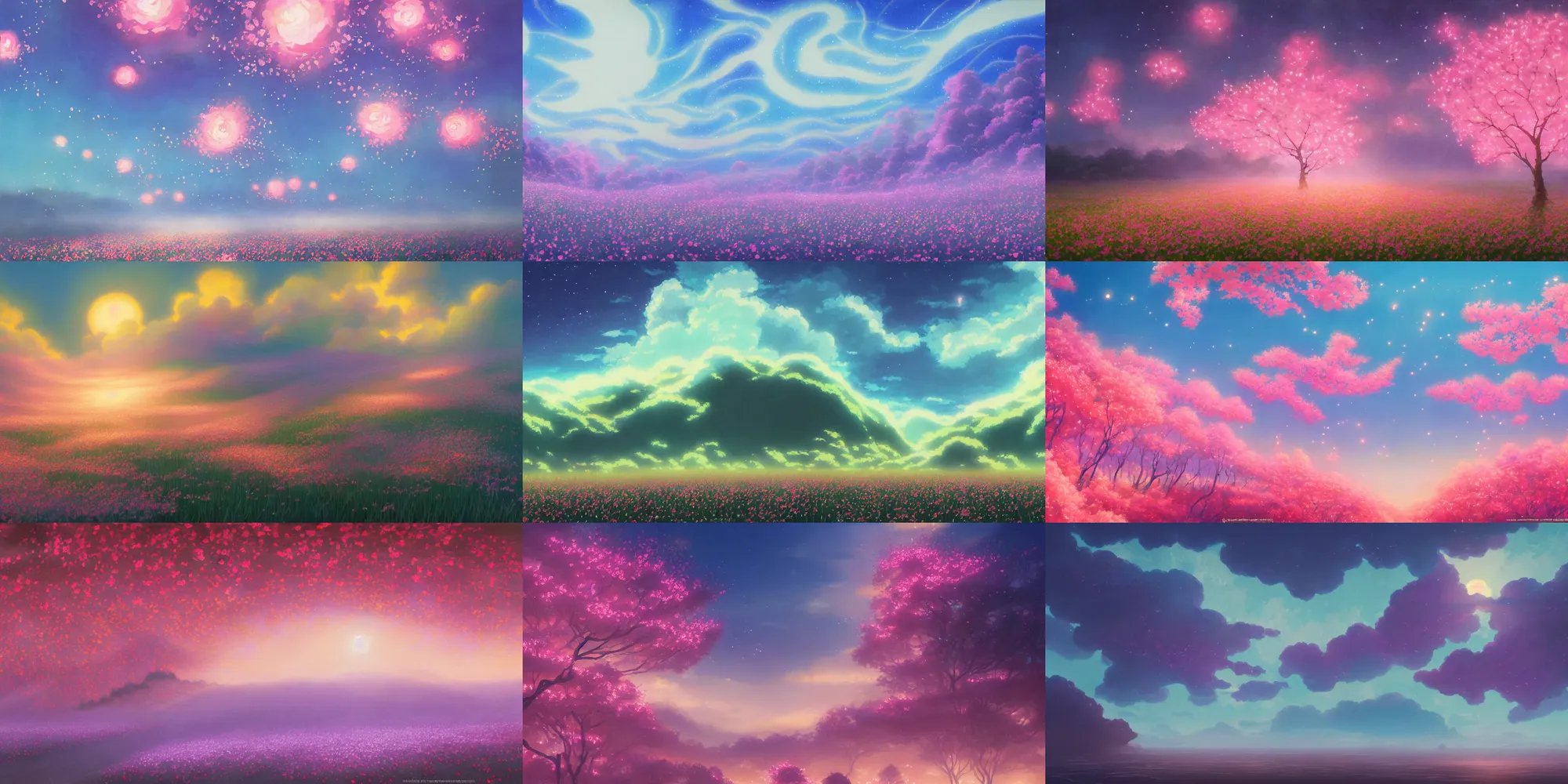 Prompt: a gouache painting of an ethereal endless field of glowing blossoms by kazo oga, in the studio ghibli anime film, matte painting by senior environment artist, anime aesthetic, fantasy art, official art, concept art, featured on artstation