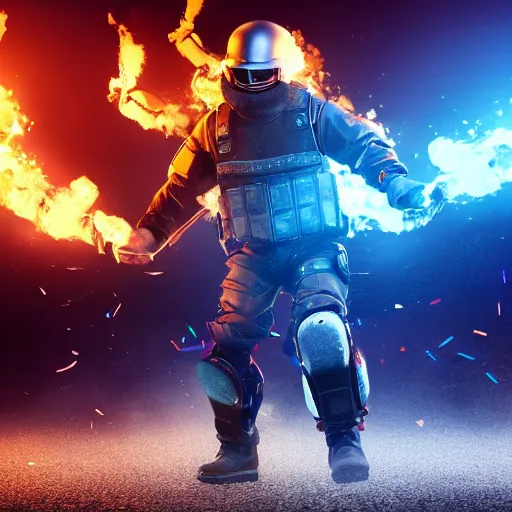 Prompt: Montagne from Rainbow Six Siege standing on a hoverboard with explosions and flames behind him, realistic, HDR, 8k, trending on artstation