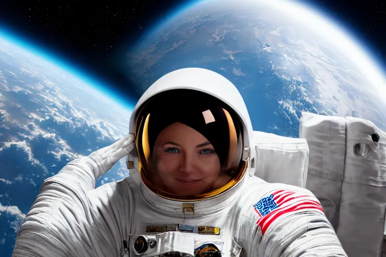 Image similar to astronaut in space wearing a spacesuit floating, milky way galaxy in background, highly detailed, photorealistic portrait, bright studio setting, studio lighting, crisp quality and light reflections, unreal engine 5 quality render