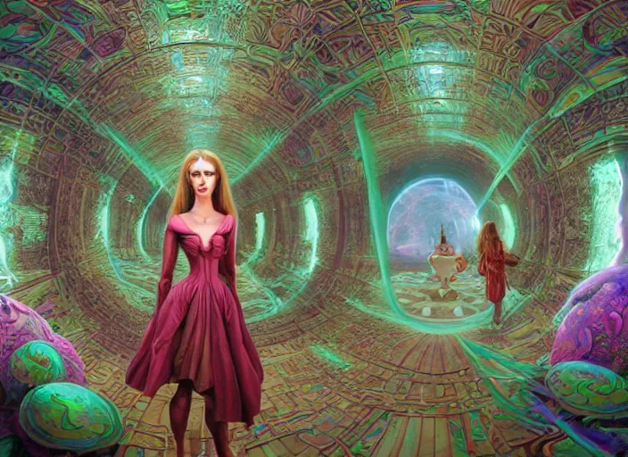 Image similar to vfx surreal 3 d portrait of alice from wonderland walking into a non - euclidean and infinite tunnel of evanescent hallucinatory images, reflections in endless mirrors, hyperdetailed, octane render, sharp focus, concept art, intricate by alex grey, greg rutkowski jeff soto and daniel merriam, dan mumford and pixar, nvidia raytracing demo