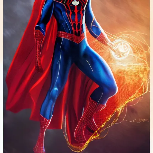 Image similar to spiderman as doctor strange, using his mystic arts, dynamic lighting, photorealistic fantasy concept art, trending on art station, stunning visuals, creative, cinematic, ultra detailed