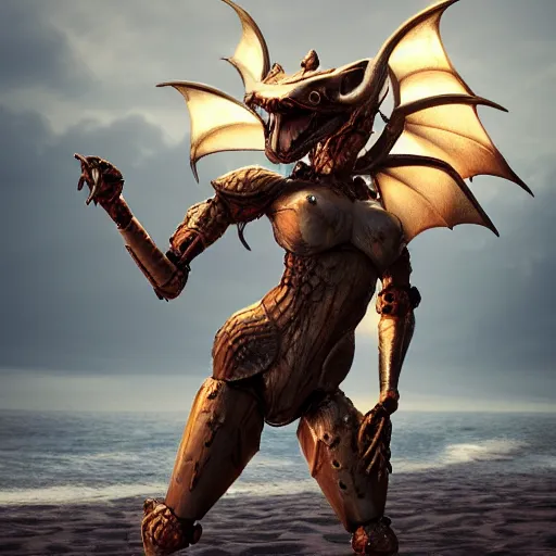 Image similar to a highly detailed beautiful anthropomorphic robot female dragon with smooth and streamlined armor, two arms and two legs, sharp and intimidating claws on her hands and feet, long tail with a blade on the end, doing an elegant pose on the beach, artstation, DeviantArt, professional, octane render