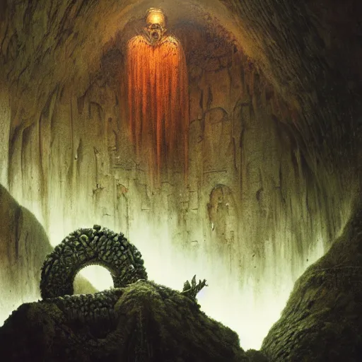 Image similar to ancient chanting in a cave, beksinski, ruan jia, wayne barlowe, warhammer art, weta workshop the hobbit art, lord of the ring art