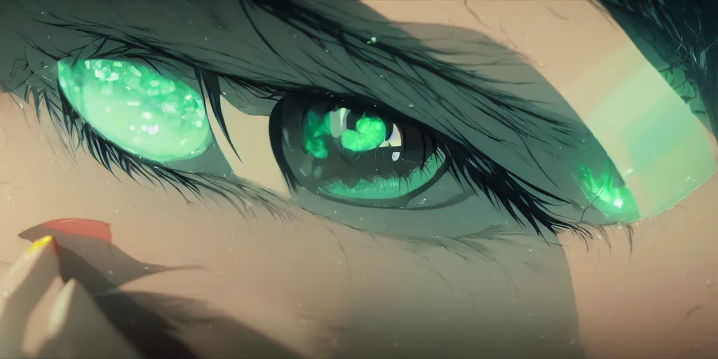 Prompt: deep green anime eyes, prism highlights, depth of field, cinematic, filmic, concept art, art station, digital painting, elegant, epic, focus, octane render, v - ray, 8 k, c 4 d, art by katsushika hokusai
