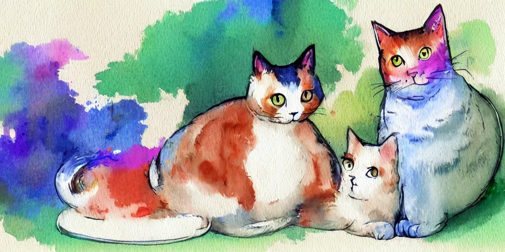 Image similar to watercolor illustration style, cute cat call to another cat by mobile phone