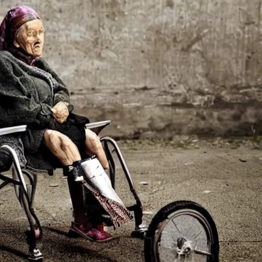 Image similar to an old woman with robotic legs, National Geographic photo, as coherent as Dall-E 2