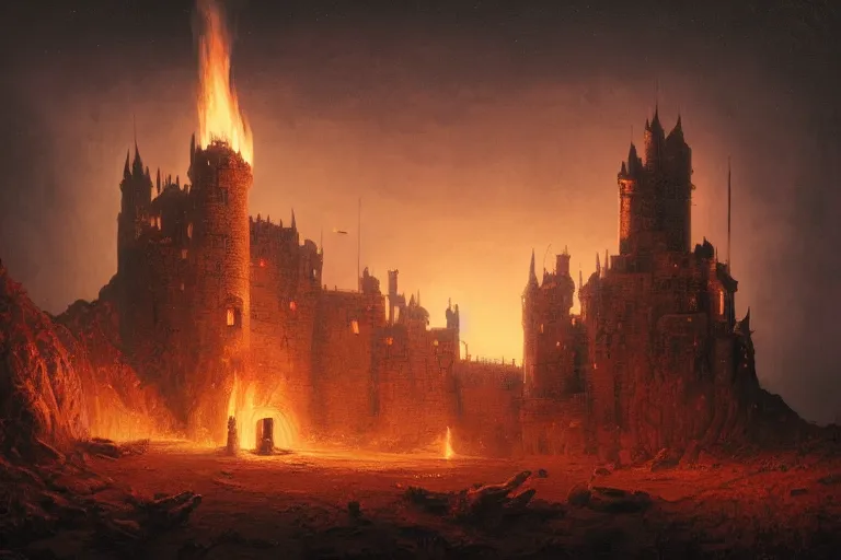 Image similar to a castle at night being lit up by the fire of a dragon, Les Edwards, Zdzislaw Beksinski, Carl Gustav Carus, John Harris, Michal Karcz, Zhang Kechun, Mikko Lagerstedt, Scott Listfield, Steven Outram, Jessica Rossier