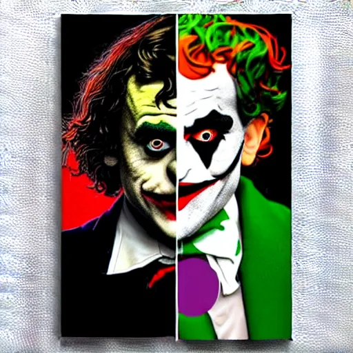 Image similar to ilya yefimovich repin and mimmo rottela and banksy as joaquin phoenix skinny joker!!, holding lady gaga harley queen hand!!, ultra photorealistic, intricate details, pop art style, concept art, confident posse, justify content center, 2 colours, warm color, 4 k, 4 d, ultra smooth, sharp focus