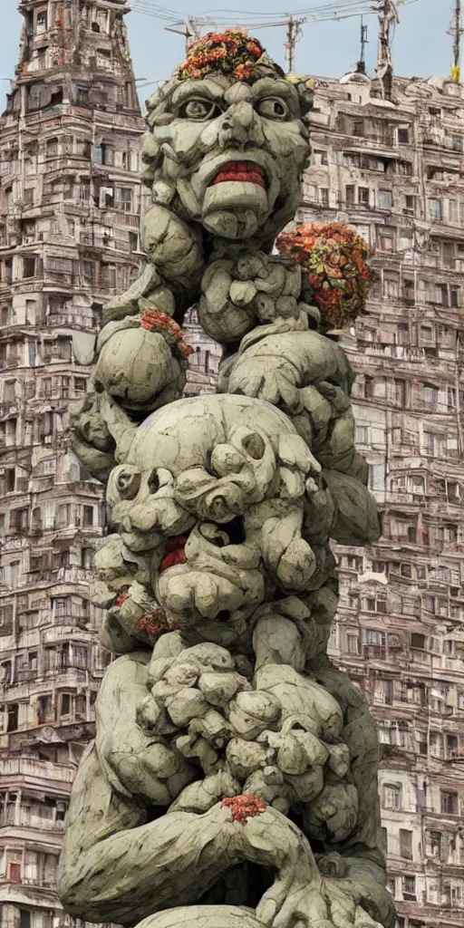 Image similar to colossal grotesque flower proletariat statue made from Lenin heads in the middle of abandoned early soviet constructivist cityscape, Stalinist architecture, ultradetailed by Hayao Miyazaki and Josan Gonzalez and Makoto Shinkai and Giuseppe Arcimboldo and Wes Anderson