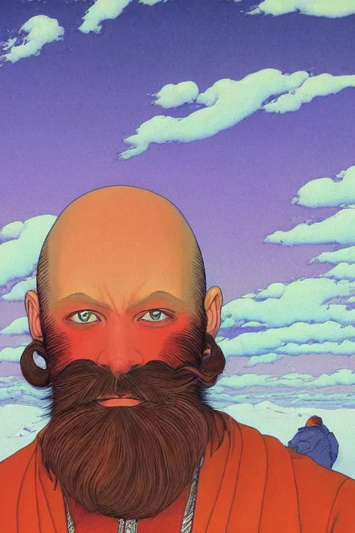 Image similar to a colorful closeup portrait of a young bald man with a very long wild beard dreaming psychedelic hallucinations in the vast icy landscape of antarctica, by kawase hasui, moebius and edward hopper, colorful flat surreal design, hd, 8 k, artstation