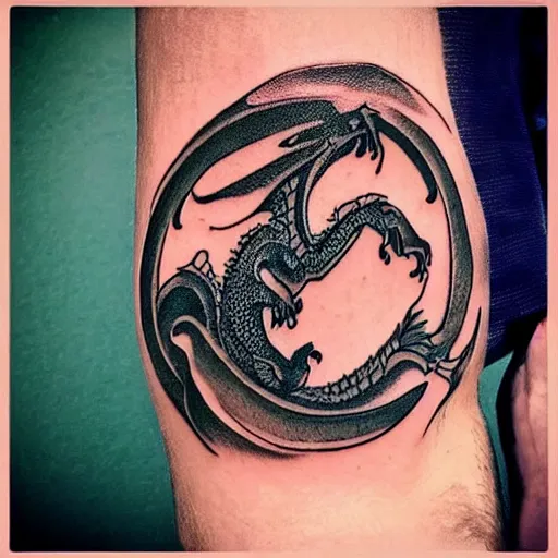 Image similar to Tattoo of a dragon starting from the elbow, wrapping around the wrist in a downward spiral, emerald placed inside of the dragons mouth, forearm tattoo