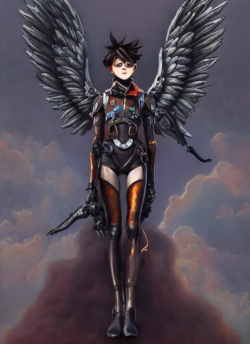 Image similar to full body artwork of tracer overwatch wearing leather collar in style of zdzisław beksinski, angel wings, dramatic painting, symmetrical composition, wearing detailed leather collar, black shiny armor, chains, black harness, detailed face and eyes,