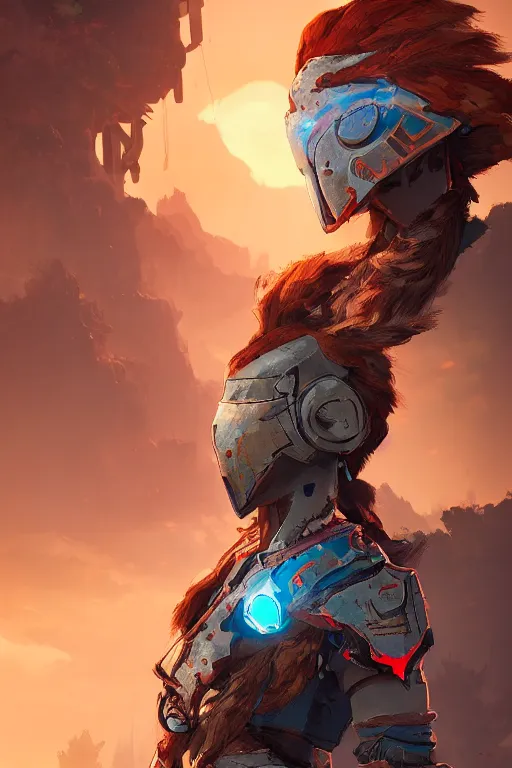 Image similar to combination suit armor aloy horizon forbidden west horizon zero dawn radiating a glowing aura global illumination ray tracing hdr fanart arstation by ian pesty and alena aenami artworks in 4 k tribal robot ninja mask helmet backpack