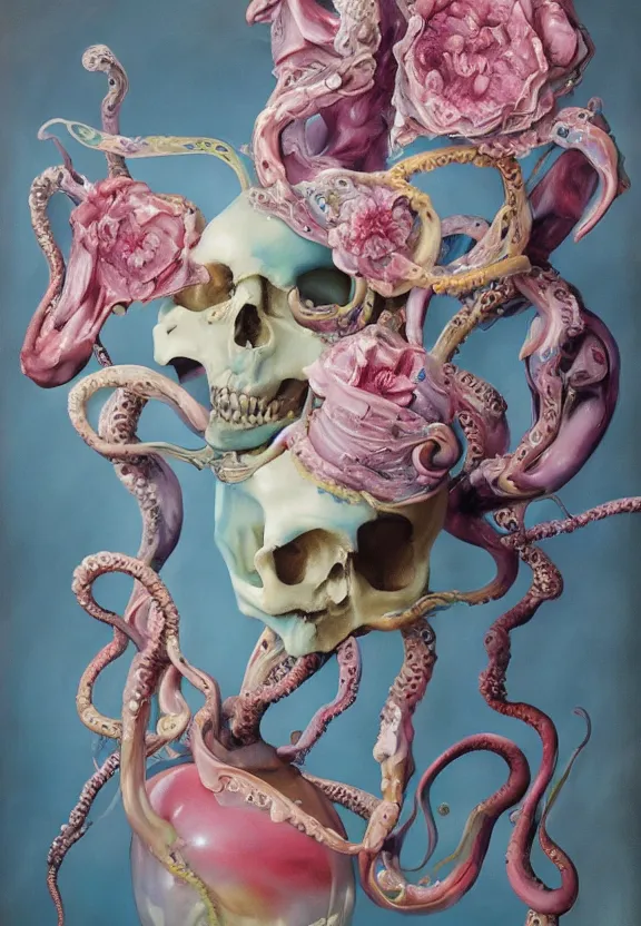 Prompt: a biomorphic painting of a vase with flowers, surrealist painting by krenz cushart and dorothea tanning, pastel blues and pinks, melting, plastic, skull, featured on artstation, tentacles, pink bees, metaphysical painting, oil on canvas, fluid acrylic pour art, airbrush art, hyper realistic, rococo, lovecraftian