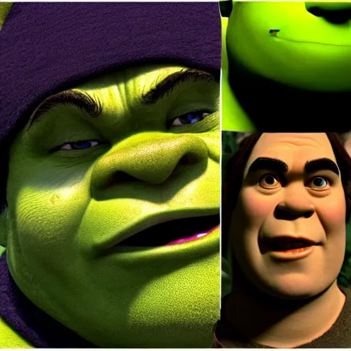 Image similar to shrek!! kubrick stare, menacing, instense stare, close up of face