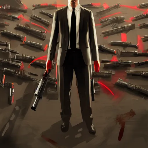 Prompt: a portrait of agent 4 7 from hitman standing in front of a wall of guns, dark background, red rim light, highly detailed, digital art, artstation, concept art, smooth, sharp focus, greg rutkowski, wlop
