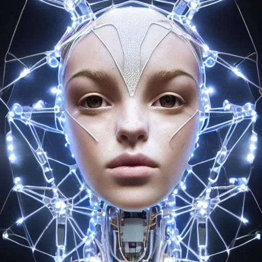 Prompt: beautiful centered Fine art photo portrait of young Londsay Lohan as a solarpunk robotic humanoid, crystal mechanical parts with led lights, photorealistic, white background, highly detailed and intricate, outdoor lighting, HDR 8k