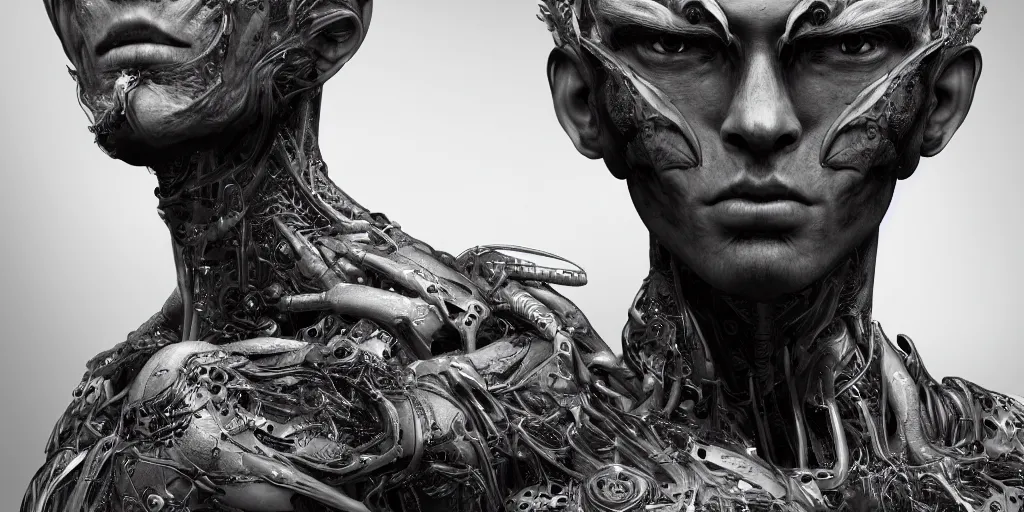 Image similar to hyper realistic photography of a stunningly beautiful cyborg male, intimately holding close, in the style of beth cavener, jin kagetsu,, and wlop, highly detailed, intricate filigree, symmetry, masterpiece, award winning, sharp focus, concept art, highkey lighting, ambient lighting, octane render, 8 k, artstation