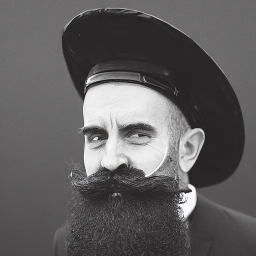 Image similar to man with large swirly black moustache, giant nose, sailors hat, portrait, real life photo
