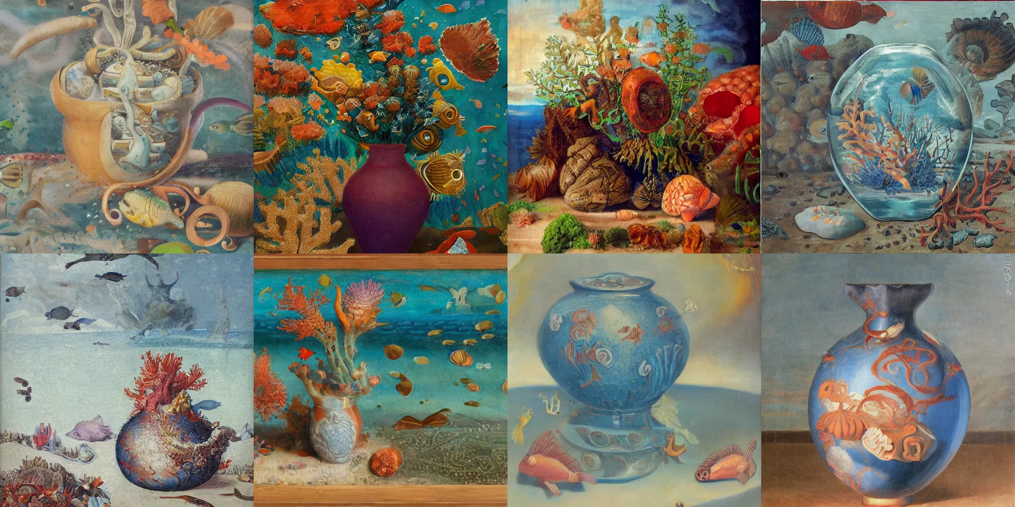 Prompt: bottle vase of coral under the sea decorated with a dense field of stylized scrolls that have opaque outlines enclosing mottled blue washes, with orange shells and purple fishes, Ambrosius Benson, oil on canvas, hyperrealism, around the edges there are no objects, the scene is at the same time in the sky