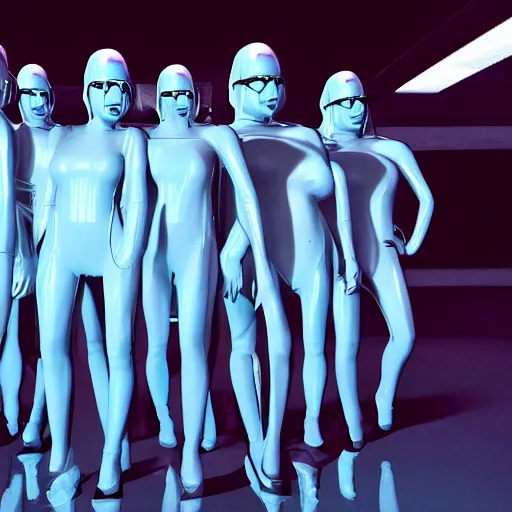 Image similar to troop of cloned women with white bob hairdos, tight light blue neopren suits, futuristic cloning facility, sci - fi, highly detailed, cinematic