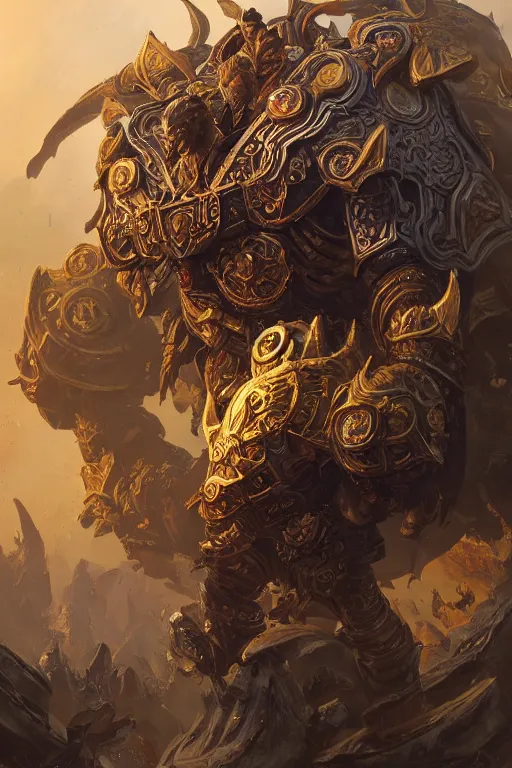 Image similar to a dungeons and dragons storm giant portrait, intricate ornate armor, subject in the middle of the frame, rule of thirds, golden ratio, elegant, digital painting, octane 4k render, zbrush, hyperrealistic, artstation, concept art, smooth, sharp focus, illustration from Warcraft by Ruan Jia and Mandy Jurgens and Artgerm and William-Adolphe Bouguerea