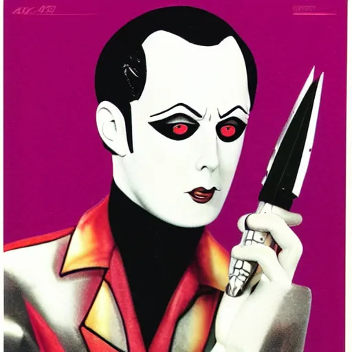 Image similar to a high quality product photo ad of klaus nomi with a technical reed rollerball pen exacto knife by junji ito, ethereal eel