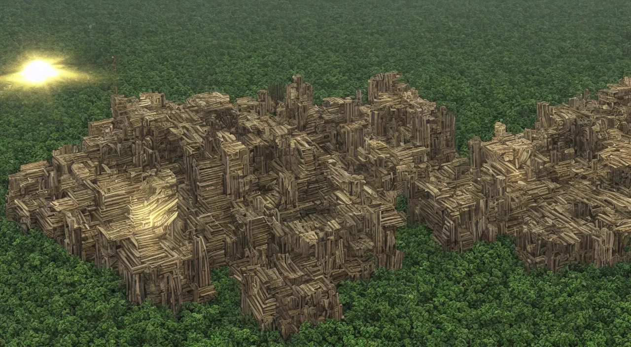 Image similar to wood fortress greeble block amazon jungle accadamy of tower cristal global illumination ray tracing