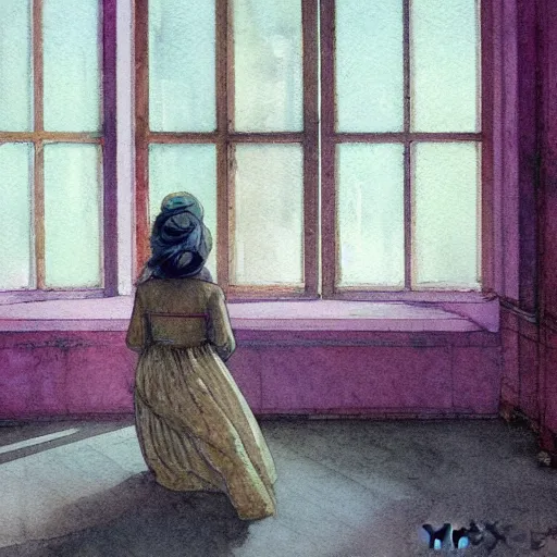 Prompt: close up of a girl in a soviet liminal abandoned building, watercolor by victo ngai, by hammershøi, art noveau, highly detailed, lights by edward hopper, liminal, eerie, bright pastel colors