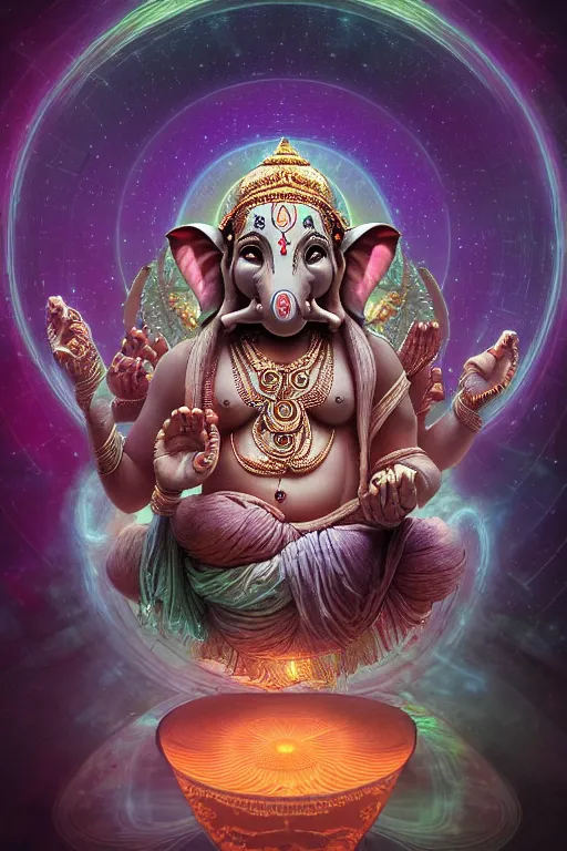 Prompt: ultrarealistic portrait of a cosmic ganesh, mandala, perfect symmetry, psychedelic, space stars nebulas, vivid color, rainbowshift, detailed digital matte painting, dark atmosphere, by h. r. giger and alphonse mucha, octane render, cgi