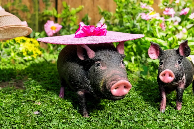 Prompt: a miniature pig wearing a sunhat!!! garden! hyper realistic!! realistic lighting!! wildlife photograph of the year!!! bold natural colors, national geographic, hd, wide angle, 8 k