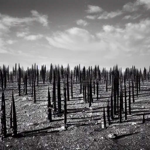 Image similar to radioactive spike field, monolithic stone spikes, creepy monotone black and white lighting, post nuclear fallout, desolate, no life, high resolution, old photo,