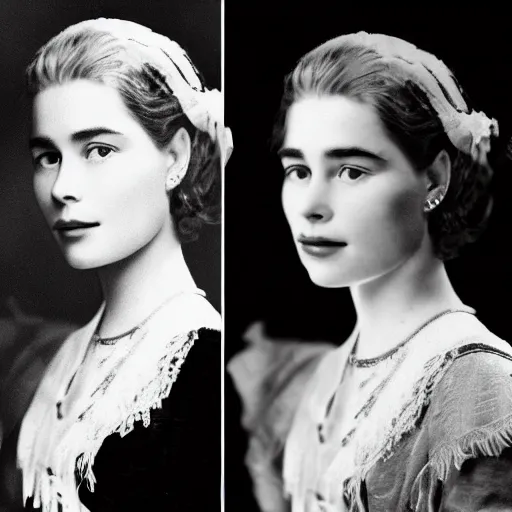 Image similar to victorian photograph of grace kelly, emilia clarke, 1 8 8 0 s, 1 8 9 0 s, 1 9 0 0 s grainy, slightly blurry, very faded photo, realistic face, elegant, graceful