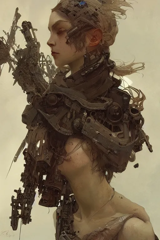 Prompt: A full portrait of a beautiful post apocalyptic offworld technomuse, intricate, elegant, highly detailed, digital painting, artstation, concept art, smooth, sharp focus, illustration, art by Krenz Cushart and Artem Demura and alphonse mucha