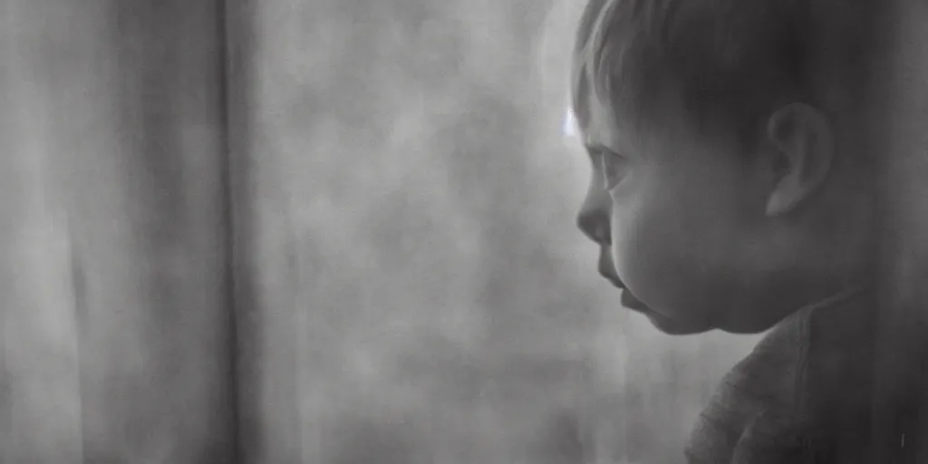 Prompt: little boy looking at the window, reflection at the glass, beautiful artwork by katia chausheva