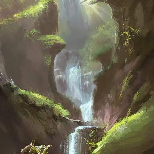 Image similar to slender dragon relaxing by a waterfall, digital painting, artstation, art by Jaime Jones