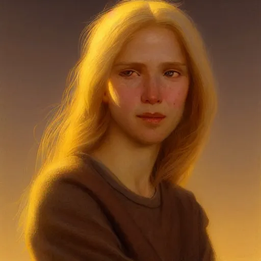 Image similar to Facial portrait of a cute shy woman, looking away from the camera, awkward smile, mouth slightly open, lips slightly parted, long blond hair, no hands visible,, intricate, extremely detailed painting by Henry Justice Ford and by Greg Rutkowski and by Moebius, golden hour