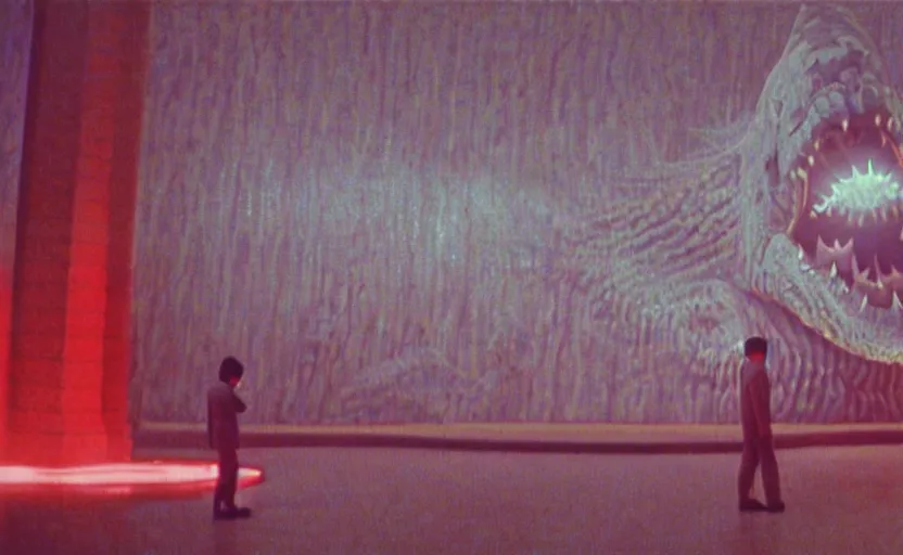 Image similar to light coming out of one starfish - like kaiju anthropomorphic monster, korean film noir by kim jong - il, korean traditional palace, pyongyang city, 1 9 6 0 s, red color bleed, 4 k, video compression, video glitch, monochrome, akira kurosawa, mamoru oshii, wes anderson, stanley kubrick