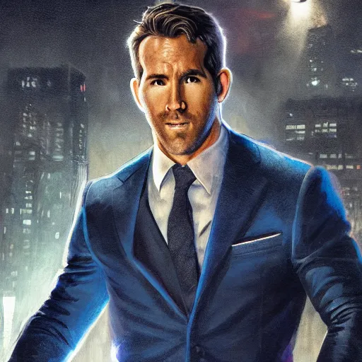 Image similar to ryan reynolds as spider - man, wearing a black and blue suit, cinematic, volumetric lighting, f 8 aperture, cinematic eastman 5 3 8 4 film, photorealistic by greg rutkowski, by stanley artgerm, by alphonse mucha