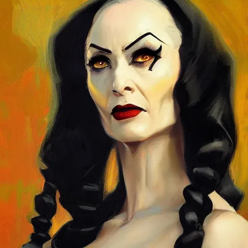 Image similar to greg manchess portrait painting of partially armored morticia from addams family as overwatch character, medium shot, asymmetrical, profile picture, organic painting, sunny day, matte painting, bold shapes, hard edges, street art, trending on artstation, by huang guangjian and gil elvgren and greg rutkowski