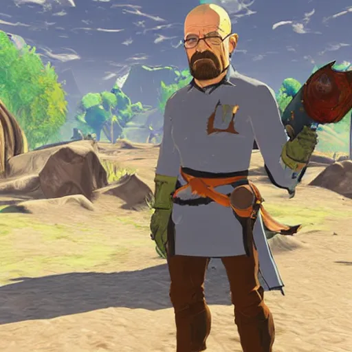 Prompt: walter white in breath of the wild crying