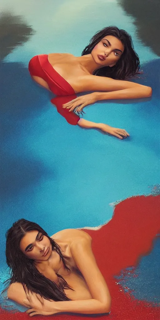 Image similar to Emily Ratajkowski with beautiful face and full body laying in a blood red pool of water between a bright golden glowing mirror frame, outside is space and inside the mirror frame is a beautiful landscape. Hyperrealistic surreal 4K IMAX Rene Margritte intricate, elegant, highly detailed, digital painting, artstation, concept art, smooth, sharp focus, illustration, art by artgerm and greg rutkowski and alphonse mucha