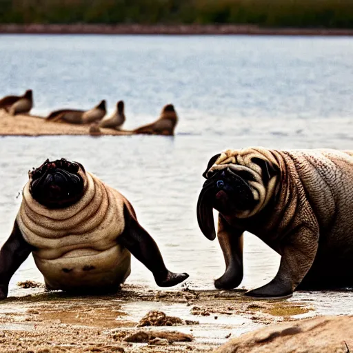 Image similar to a Walrus-Pug Hybrid, A Walrus that looks like a pug, huge tusks, afternoon hangout, good times photograph, candid