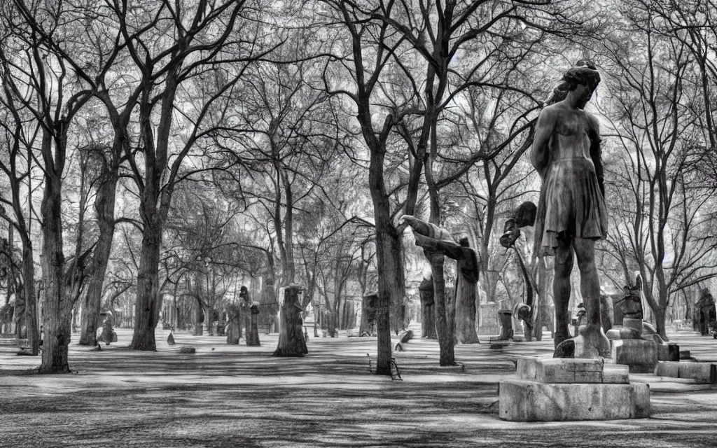 Image similar to the statue park in st. petersburg, by patrick brown, monochrome,