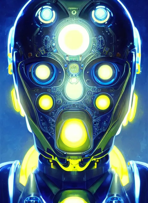 Image similar to symmetry!! portrait of a robot with big eyes, sci - fi, tech wear, blue and yellow glowing lights!! intricate, elegant, highly detailed, digital painting, artstation, concept art, smooth, sharp focus, illustration, art by artgerm and greg rutkowski and alphonse mucha