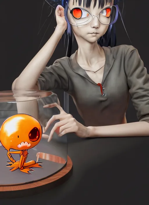 Prompt: a girl student with morbid thoughts bored while practicing poke battle theory, painted on transparent glass with dark - stained wood in the background by katsuhiro otomo, range murata yoshitaka amano, and artgerm. 3 d shadowing effect, concept art, 8 k resolution.