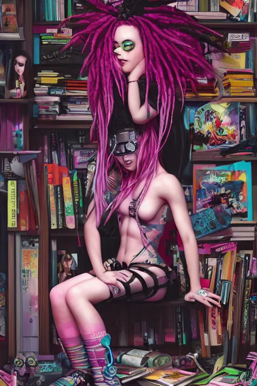 Prompt: cybergoth girl with pink dreads sitting on the floor of a cluttered 9 0 s bedroom reading a book by artgerm, tom bagshaw, gerald brom, vaporwave colors, lo - fi colors, vaporwave, lo - fi, 4 k, hd,