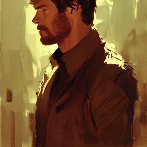 Image similar to chris hemsworth, intricate, elegant, highly detailed, greg manchess, mucha, liepke, ruan jia, jeffrey catherine jones, ridley scott