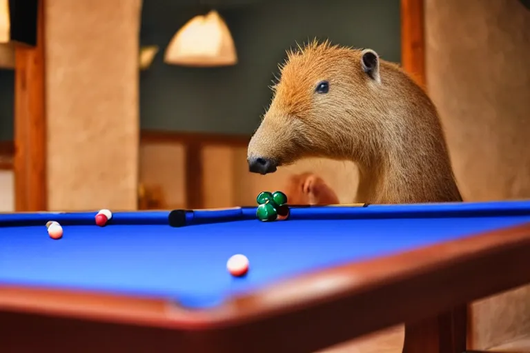 Image similar to capybaras sitting at pool table contemplating life and smoking cigars